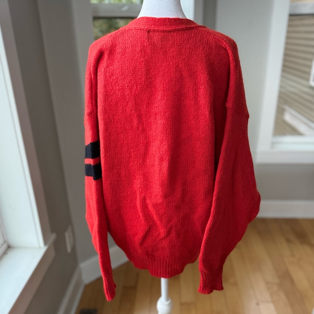 Vintage Lands’ End Red Orange Black Striped V Neck Wool Cardigan Sweater Sz M - Picture 7 of 8